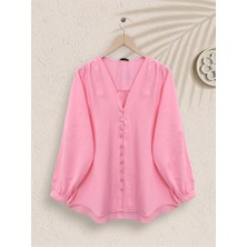 Queene Dreams V Yaka Düğmeli Arkası Uzun Gömlek -Pembe