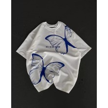 Queene Dreams Unisex Bisiklet Yaka Baskılı Oversize T-Shirt - Beyaz