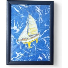 Sanatkar Ebru Üzeri Yelkenli Tablo