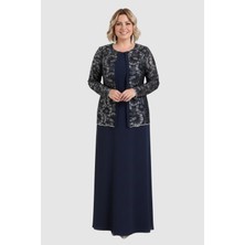 Lilas Xxl Kadın Büyük Beden Sabit Ceket Detaylı Krep Kumaş Uzun Abiye Elbise 2605 Lacivert