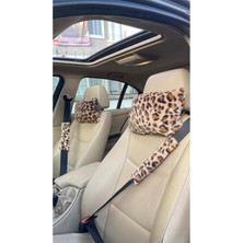 Özgürce Leopar Desenli Oto Boyun Yastığı Emniyet Kemeri Pedi 4'lü Set