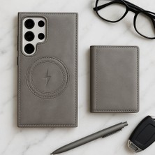 Madam Case Samsung Galaxy S24 Plus Gri Renk Deri Cüzdanlı Kartlıklı Magsafe Özellikli Cüzdanlı ve Kılıf