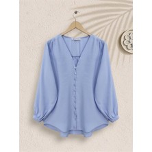 Queene Dreams V Yaka Düğmeli Arkası Uzun Gömlek -Bebe Mavi