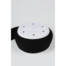 Sarıkhane Talebe Sarığı - Siyah Kumaş - Beyaz Takke - Yuvarlak Sarım - Kuş Gözü - 5 Metre (Züabeli)