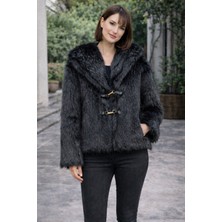 Kadın Siyah Suni Kürk Crop Boy Yumuşak Dokulu Astarlı Dolgun Mont Ceket