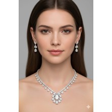 KLC Takı Klc  Takı Kadın Gümüş Renk Takı Özel Tasarım Abiye Gerdanlık Taşlı Kolye Küpe  Seti