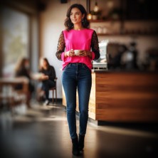 Hard Money Zarif puantiyeli tül detaylı, şık ve modern pembe bluz"