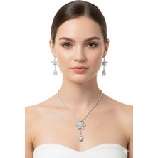 KLC Takı Klc  Takı Kadın Gümüş Renk Model Su Yolu Zirkon Taşlı Kolye Küpe  Seti