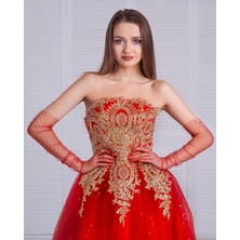 Zenvia Uzun Boy Kırmızı Puantiyeli Kırmızı Renk Yetişkin Tül Eldiven ZNV-TTT3245