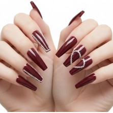 24'lü Koyu Kırmızı Bordo Takma Tırnak Seti Lüks 3D Kristal Taşlı Desenli Extra Uzun Küt Kare Balerin False Nails Set, Eda Luxury Beauty