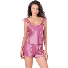 Zenvia  Gül Kurusu Saten Babydoll Şort Takımı