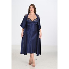 Zenvia  Premium Büyük Beden Saten Dantel Işlemeli Lacivert Uzun 2'li Gecelik Sabahlık Takımı Bigsize