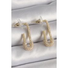 Zenvia Pirinç Gold Renk Zirkon Taşlı Çengelli Iğne Model Kadın Küpe ZNV-EBJT4377