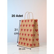 e ERTA Kırmızı Kalp Desenli Kraft Çanta 25X31 cm 20 Adet Hediye Poşeti, Hediye Paketi Kraft Kağıt Çanta