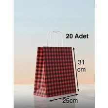 e ERTA Kırmızı/siyah Ekose Kraft Çanta 25X31 cm -20 Adet- Hediye Poşeti , Hediye Paketi Kraft Kağıt Çanta