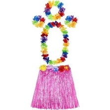 Zenvia Yetişkin ve Çocuk Uyumlu Luau Aloha Hawaii Pembe Etek ve Renkli Kolye Taç 2 Adet Bileklik Seti Zn