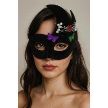 Zenvia Siyah Renk Incili Taşlı Süet Kaplama Venedik Parti Maskesi 20X22 cm ZNV325-ETT