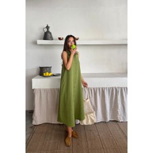 Martcini Keten Önden Düğmeli Kolsuz Gömlek Yaka Elbise - Yağ Yeşili L-Yağ Yeşili