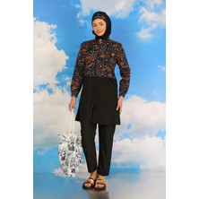 Kadın Pantolonlu Desenli Tam Tesettür Mayo Siyah