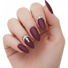 24'lü Koyu Kırmızı Bordo Mat Takma Tırnak Seti Lüks 3D Kristal Taşlı Desenli Uzun Oval Badem Stiletto Yapıştırıcılı False Nails Set, Eda Luxury Beauty