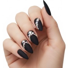 24'lü Siyah Mat Takma Tırnak Seti Lüks 3D Kristal Taşlı Desenli Uzun Oval Badem Stiletto Yapıştırıcılı False Nails Set, Eda Luxury Beauty