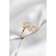 Shopwave Gold Renk Zirkon Taşlı Yonca Model Kadın Yüzük