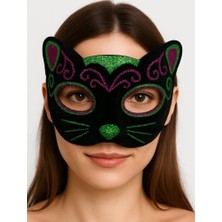 Zenvia Siyah Kadife Kaplama Üzeri Pembe Yeşil Sim Işlemeli Kedi Maskesi 20X13 cm ZNV325-ETT