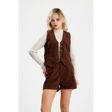 Rose Quenn Ince Fitilli Kadife Kumaşından Kısa Kışlık Yelek