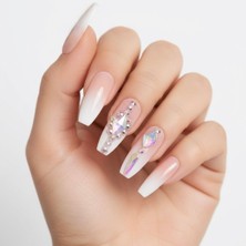 24'lü Nude Pembe Beyaz Ombre French Takma Tırnak Lüks Parlak Kristal Taşlı Natürel Desenli Extra Uzun Küt Kare Balerin Yapıştırıcılı False Nails Set, Eda Luxury Beauty