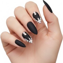 24'lü Siyah Mat Takma Tırnak Seti Lüks 3D Kristal Taşlı Desenli Uzun Oval Badem Stiletto Yapıştırıcılı Fake Nails Set, Eda Luxury Beauty