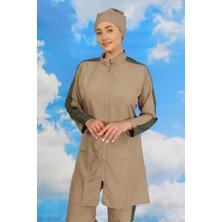 Kadın Pantolonlu Kolu Şeritli Tam Tesettür Mayo Bej