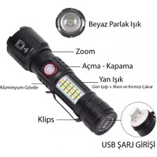 Zenvia WS-2828 Ultra USB Şarjlı Polis El Feneri, Bekçi, Asker El Feneri Kırmızı Mavi Çakarlı 1000 L