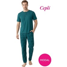 Bie's Erkek Yeşil Modal 3 Düğmeli Ekose Desen Pamuk Likra Kısa Kol Cepli Pijama Takımı