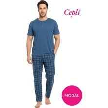 Erkek Modal 3 Düğmeli Ekose Desen Pamuk Likra Kısa Kol Cepli Pijama Takımı