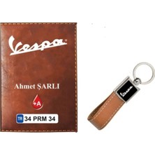 Özgürce Kişiye Özel Taba Vespa Logolu Ruhsat Kabı ve Anahtarlık Seti