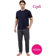 Bie's Erkek Lacivert Modal 3 Düğmeli Ekose Desen Pamuk Likra Kısa Kol Cepli Pijama Takımı