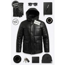 Tabakhanem Erkek Siyah Hakiki Deri Şişme Kaban Mont | Kapüşonlu, Fermuarlı, Çıtçıtlı, Cepli