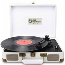 Sge Teknoloji Beyaz Renk Nostaljik Şarjlı Bluetooth Hoparlörlü Çantalı Pikap Plak Çalar