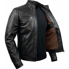 Tabakhanem Erkek Hakiki Deri Ceket Dik Yaka Fermuarlı Klasik Siyah