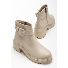 Dilimler Ayakkabı Kadın Topuklu Bot Bej Suni Deri Yan Tokalı Kalın Taban