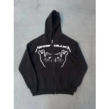 Passense Kışlık Baskılı Fermuarlı Kapüşonlu Hırka - Siyah