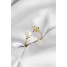 Bsre Kelebek Incili Figürlü Zirkon Taşlı Kadın Yüzük (Gold Renk)
