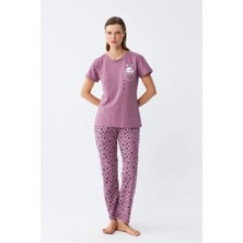 Kadın Mor Patili Tavşan Baskılı Cepli Pijama Takımı