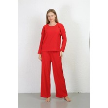 Kadın Bürümcük Kumaş Pijama Takım Kırmızı