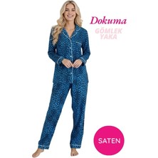 Guava Kadın Mavi Maskülen Önden Düğme Gömlek Yaka Dokuma Saten Göğüs Cepli Mevsimlik Uzun Kol Pijama Takımı
