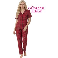 Guava Kadın Kırmızı Ekose Desenli Slim Fit Gömlek Yaka Önden Düğmeli Dar Kalıp Kısa Kol Pijama Takımı