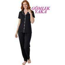 Guava Kadın Siyah Slim Fit Gömlek Yaka Önden Düğmeli Dar Kalıp Kısa Kol Pijama Takımı