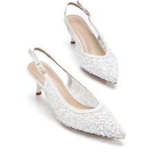 Dilimler Ayakkabı Kadın Kısa Topuklu Abiye Ayakkabı Beyaz Pullu File Topuk Açık