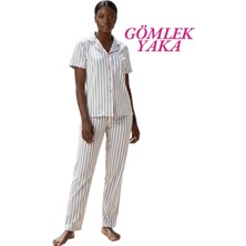 Guava Kadın Gri-Beyaz Çizgili Slim Fit Gömlek Yaka Önden Düğmeli Dar Kalıp Kısa Kol Pijama Takımı
