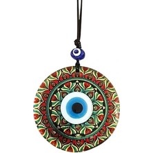 Herşeytrend Kırmızı Çiçek Desenli ve Nazar Boncuklu El Yapımı Füzyon Cam Duvar Süsü